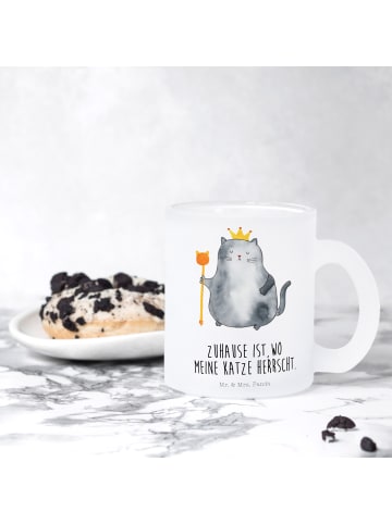 Mr. & Mrs. Panda Teetasse Glas Katze König mit Spruch in Transparent