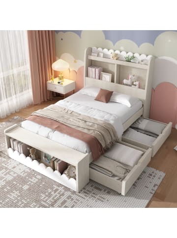 ABRIHOME Einzelbett Holzbett mit Lattenrost und Stauraum in Weiß, 90x200 cm