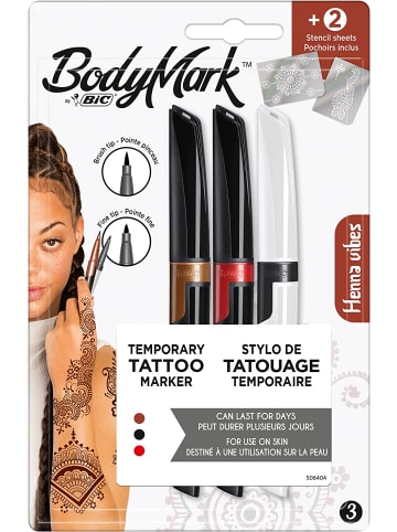 Bic BodyMark by | Temporäre Tattoo-Stifte für die Haut, 3 Farben + 2 Schablonen