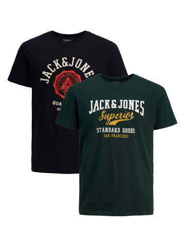 Jack & Jones 2-er Stück Pack Logo T-Shirts Rundhals Shirt JJELOGO in Schwarz-Grün