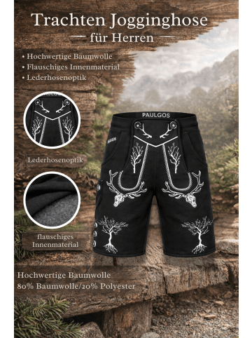 PAULGOS Jogginghose Design Trachten Lederhose Bermuda Shorts Kurz JOK6 in Schwarz