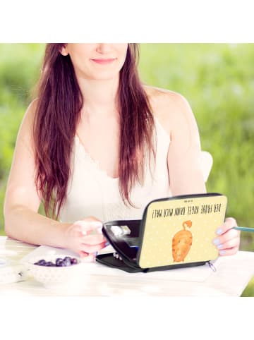 Mr. & Mrs. Panda Federtasche Katze Frühaufsteher mit Spruch in Gelb Pastell