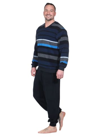 NORMANN Langarm Schlafanzug Frottee Stretch Pyjama Bündchen in blau