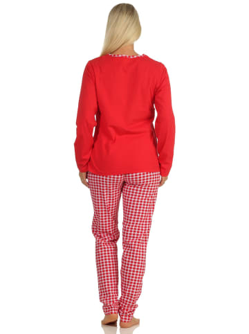 NORMANN langarm Schlafanzug Pyjama Katzen und karierter Jersey Hose in rot