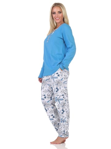 NORMANN Pyjama Schlafanzug langarm Hose floralem print in blau1