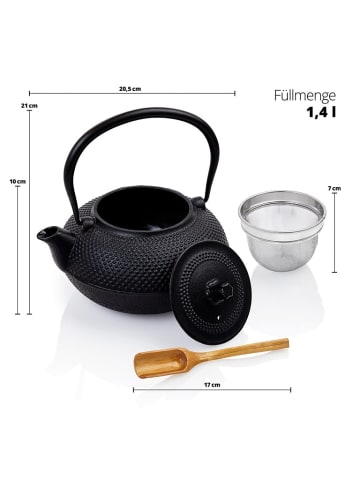 Lumaland Tee Set 8-teilig - 1,4 Liter Gusseiserne Teekanne Tetsubin - Schwarz