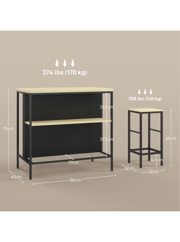 HOMCOM Bartisch mit Barhocker Set-100L x 60B x 95H cm-Eiche