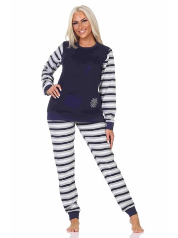 NORMANN geringelte Frottee Schlafanzug langarm Pyjama Eiskristall - 88028 in navy