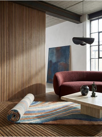 KADIMA DESIGN Teppich Wolle Handgetuftet DERWENT Wellen Muster Wohnzimmer in Multicolor-Blau