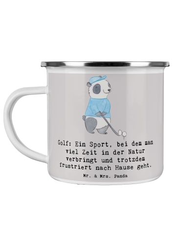Mr. & Mrs. Panda Camping Emaille Tasse Golf Erlebnis mit Spruch in Grau Pastell