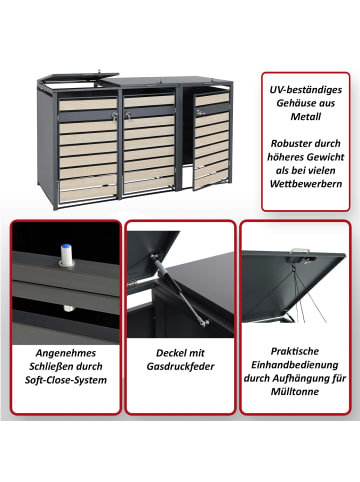 MCW 3er Mülltonnenverkleidung J81 erweiterbar, Buche-Holzoptik hellbraun
