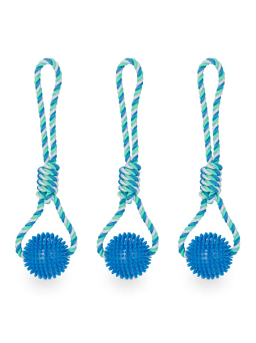 relaxdays 3 x Hundespielzeug "Ball mit Seil" in Blau