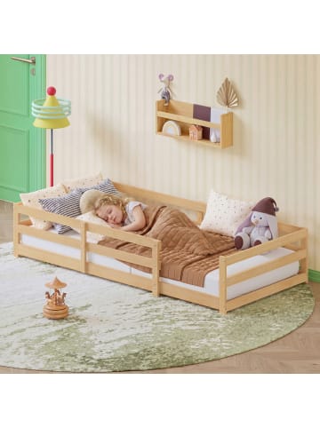 ABRIHOME Kinderbett in Natur 90x200 cm Montessori mit Sicherheitsumrandung Kiefernholz