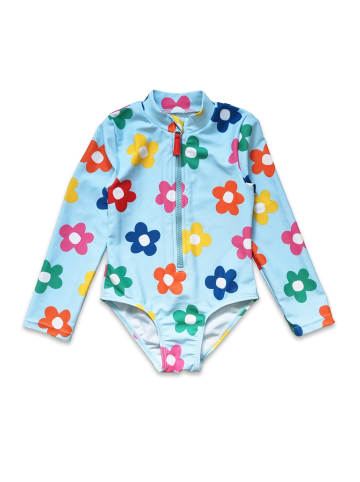 Toby Tiger Badeanzug mit Regenbogenblumen Print in blau