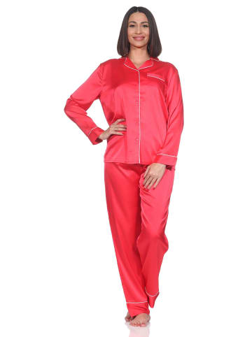 NORMANN Satin Schlafanzug langarm Pyjama Knopfleiste in rot