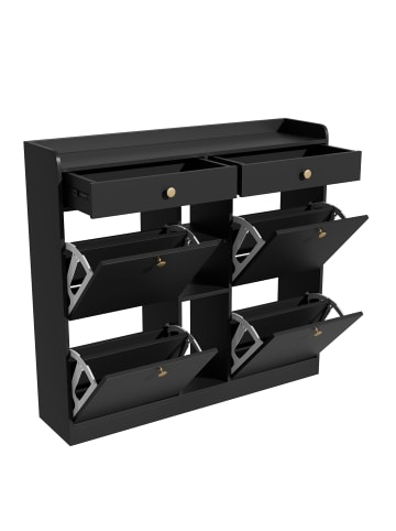 ABRIHOME Schuhschrank in Schwarz 110x26x100 cm mit 4 Klapptüren 2 Schubladen Offenen Fächern