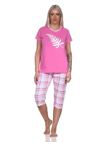 NORMANN Eleganter Damen Capri Pyjama mit karierter ¾ Hose und Frontprint in pink