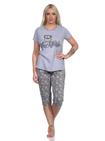 NORMANN kurzarm Schlafanzug Capri Pyjama Eulen "Nachteule" - 79942 in grau