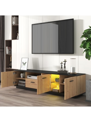ABRIHOME LED TV-Schrank in Schwarz-Holzoptik mit Schublade, 3 Türen & offenen Fächern