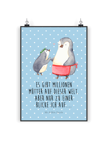 Mr. & Mrs. Panda Poster Pinguin mit Kind mit Spruch in Blau Pastell