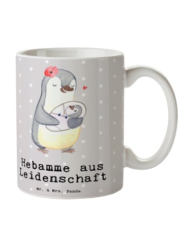 Mr. & Mrs. Panda Kaffeetasse Hebamme Leidenschaft mit Spruch in Grau Pastell