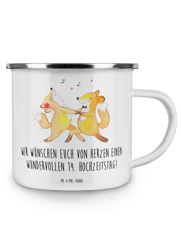 Mr. & Mrs. Panda Camping Emaille Tasse 14. Hochzeitstag Elfenbei... in Weiß