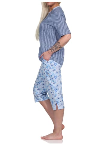 NORMANN Pyjama Schlafanzug kurzarm CapriHose und Spitze - 72678 in hellblau