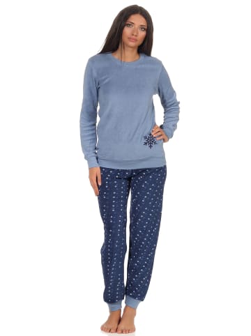 NORMANN Frottee Pyjama Schlafanzug langarm Bündchen in blau