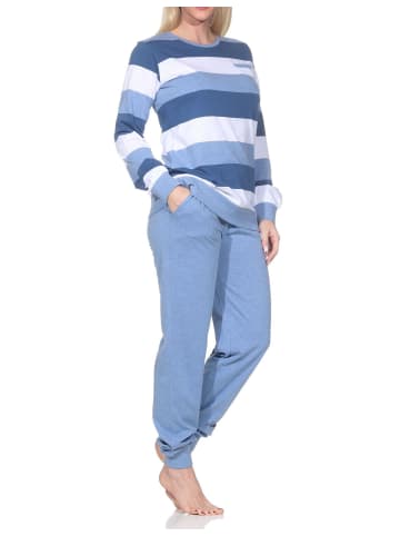 NORMANN Schlafanzug langarm Bündchen Blockstreifen in blau-mel.