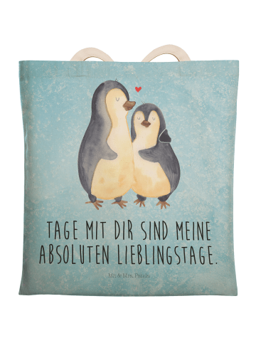 Mr. & Mrs. Panda Einkaufstasche Pinguin umarmen mit Spruch in Eisblau