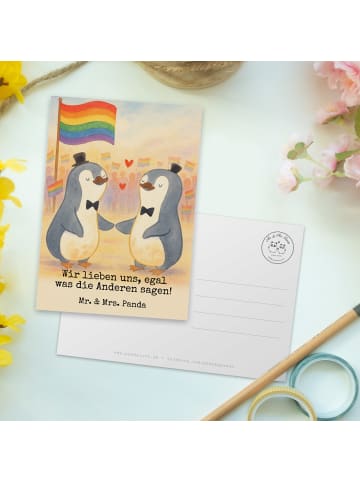 Mr. & Mrs. Panda Postkarte Pinguine Gay Pride Design mit Spruch in Weiß