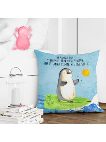 Mr. & Mrs. Panda Deko Kissen Pinguin Surfer mit Spruch in Eisblau