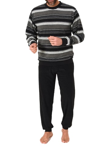 NORMANN Frottee Schlafanzug lang Bündchen Streifen - 81371 in dunkelgrau