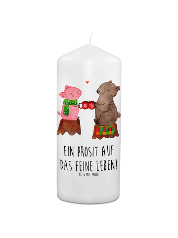 Mr. & Mrs. Panda Blockkerze Glühschwein Sause mit Spruch in Weiß