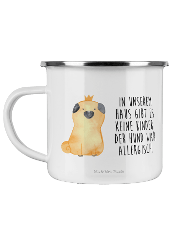 Mr. & Mrs. Panda Camping Emaille Tasse Mops Krone mit Spruch in Weiß