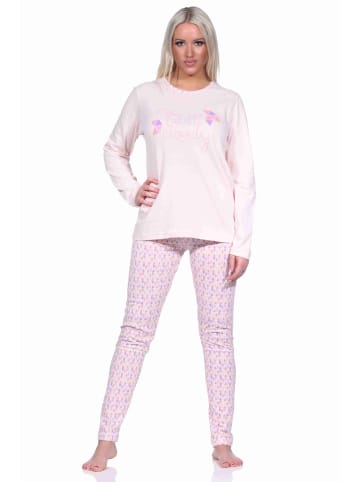 NORMANN langarm Schlafanzug Pyjama allover Druck in rosa