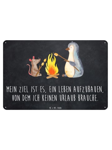 Mr. & Mrs. Panda Blechschild Pinguin Lagerfeuer mit Spruch in Kreidetafel