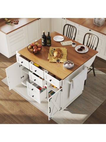 ABRIHOME Multifunktionaler Kücheninsel mit Holzmaserung & großem Stauraum in Weiß