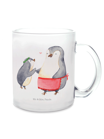 Mr. & Mrs. Panda Teetasse Glas Pinguin mit Kind ohne Spruch in Transparent