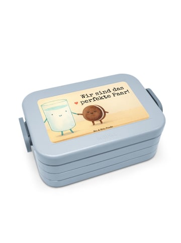 Mr. & Mrs. Panda Bentobox Milch Keks Design mit Spruch in Blau Pastell