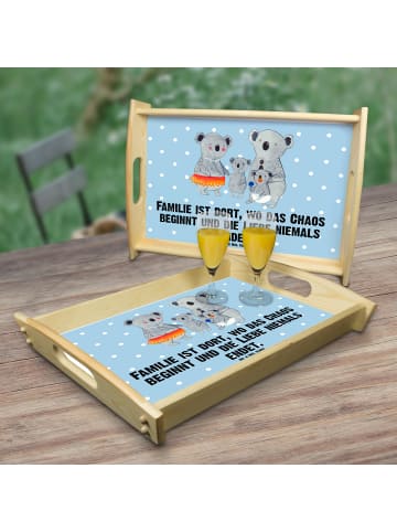 Mr. & Mrs. Panda Holz Serviertablett Koala Familie mit Spruch in Blau Pastell