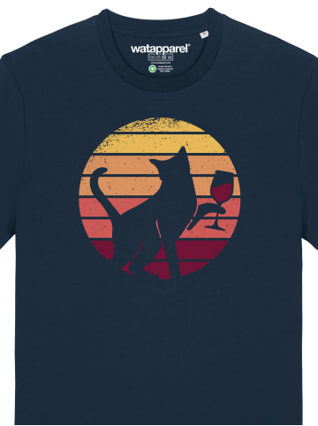 wat? Apparel T-Shirt Sunset Katze & Rotwein in Dunkelblau