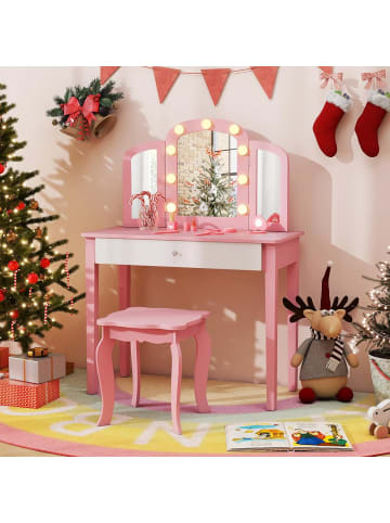 COSTWAY 2 in 1 Kinder Schminktisch mit Beleuchtung ab 3 Jahren in Rosa