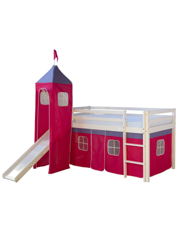 Homestyle4u Hochbett 90x200 mit Vorhang, Lattenrost, Matratze, Rutsche, Turm in Weiß