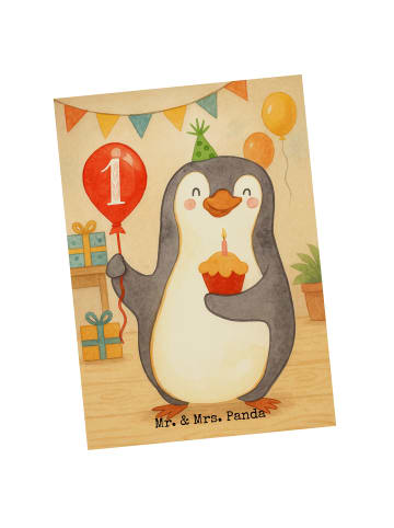 Mr. & Mrs. Panda Postkarte 1. Geburtstag Pinguin Luftballon Desi... in Weiß