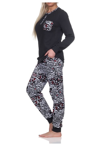 NORMANN Kuschel interlock Schlafanzug langarm Bündchen Animalprint - 81910 in schwarz