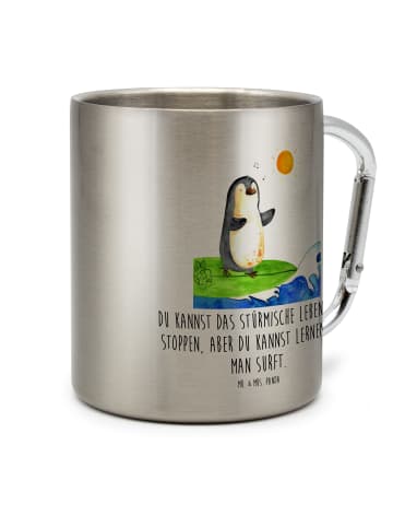 Mr. & Mrs. Panda Edelstahlbecher Pinguin Surfer mit Spruch in Silber