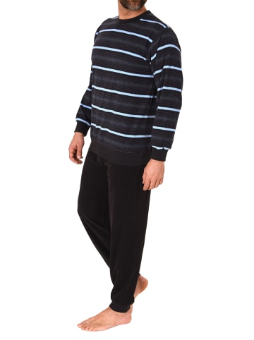 NORMANN Frottee Schlafanzug lang Bündchen Streifen - 81446 in blau