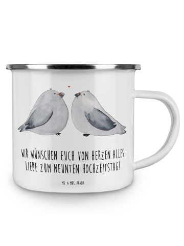 Mr. & Mrs. Panda Camping Emaille Tasse 9. Hochzeitstag Keramikho... in Weiß