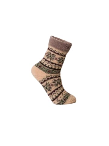 Yuhu Kuschelsocken Damen 2er Pack Baumwolle Norweger-Muster in Braun